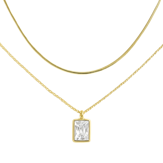 Double Chain Necklace with Crystal Pendant